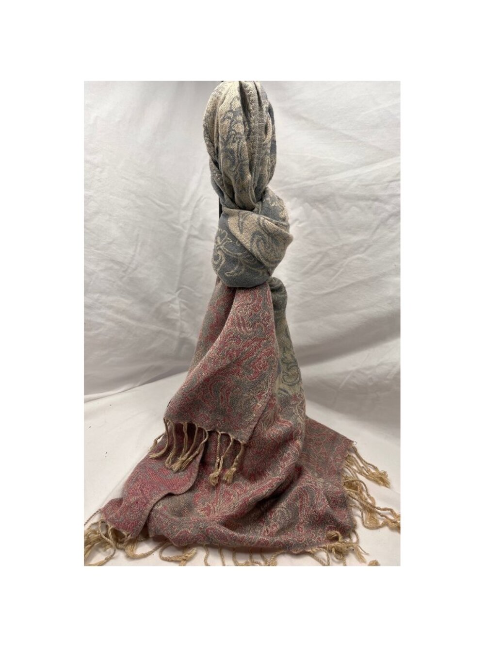 100% Cashmere Paisley Pashmina Shawl Wrap Reversible Gray Pink